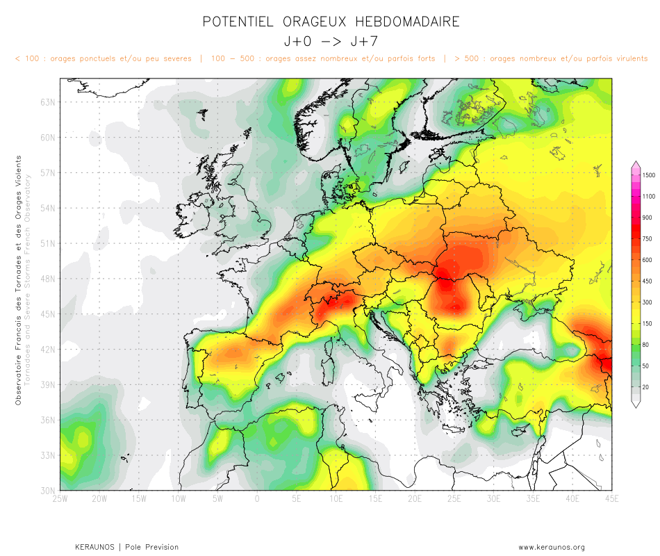 Tendance g&eacute;n&eacute;rale &agrave; 7 jours : une activit&eacute; orageuse fr&eacute;quente et parfois marqu&eacute;e est attendue cette semaine des Pyr&eacute;n&eacute;es aux r&eacute;gions de l'est. Le risque orageux s'annonce en revanche sensiblement plus marginal dans le nord-ouest.
