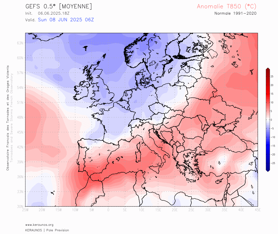Un temps durablement chaud devrait s'installer d&egrave;s la semaine prochaine. De tr&egrave;s fortes chaleurs (&gt; 35&deg;C sont pr&eacute;vues) avec une masse d'air 10&deg;C plus chaude que la normale mod&eacute;lis&eacute;e pour le milieu de semaine prochaine. Une tendance orageuse devrait se dessiner dans l'ouest en milieu de semaine.