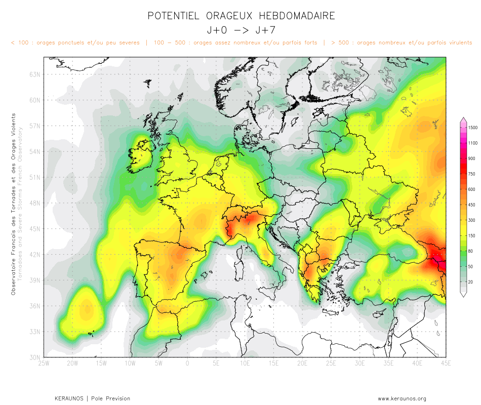 Tendance g&eacute;n&eacute;rale &agrave; 7 jours : un temps orageux devrait concerner progressivement tout le pays entre mercredi et samedi, y compris les r&eacute;gions du nord. Des orages parfois virulents sont possibles.