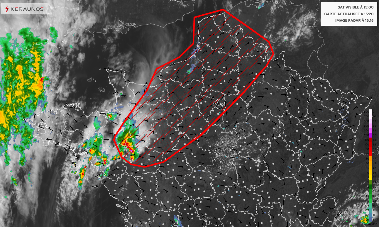 Les orages qui circulent sur les Pays de la Loire marquent le d&eacute;but de l'&eacute;pisode. Ils vont d&eacute;sormais gagner du terrain et exposer la zone cercl&eacute;e en rouge &agrave; des orages parfois virulents. Risque supercellules + syst&egrave;mes lin&eacute;aires confirm&eacute; par les derniers runs mod&egrave;les.