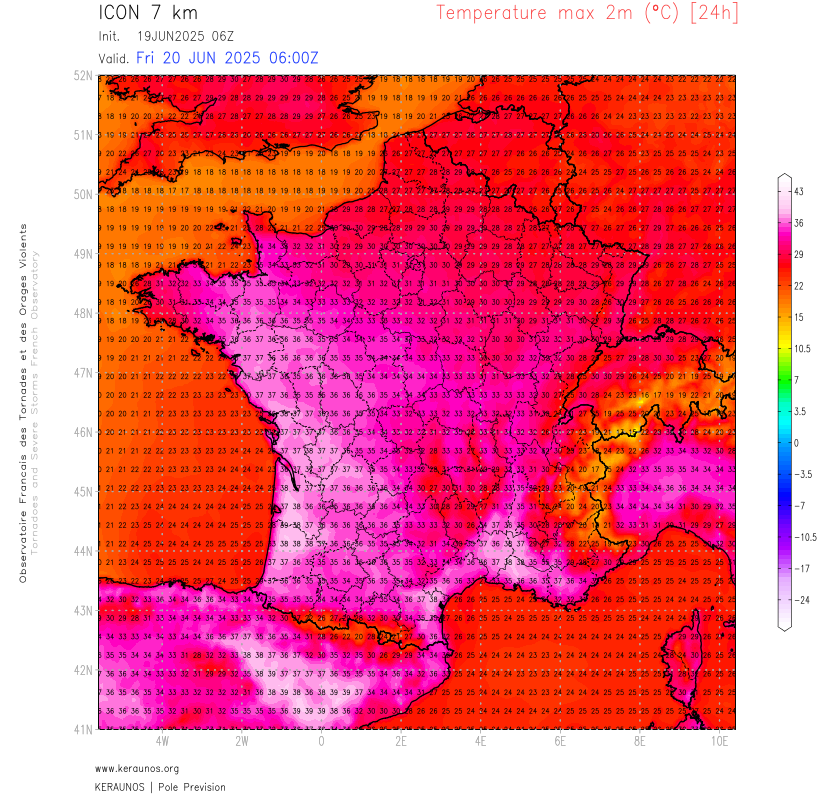 Demain vendredi, la chaleur s'accentue avec des valeurs proches de 36 &agrave; 37&deg;C qui devraient remonter jusqu'&agrave; l'estuaire de la Loire et les 35&deg;C jusqu'au nord Bretagne. Des pointes &agrave; 38&deg;C sont pr&eacute;vues en Aquitaine et basse vall&eacute;e du Rh&ocirc;ne.
