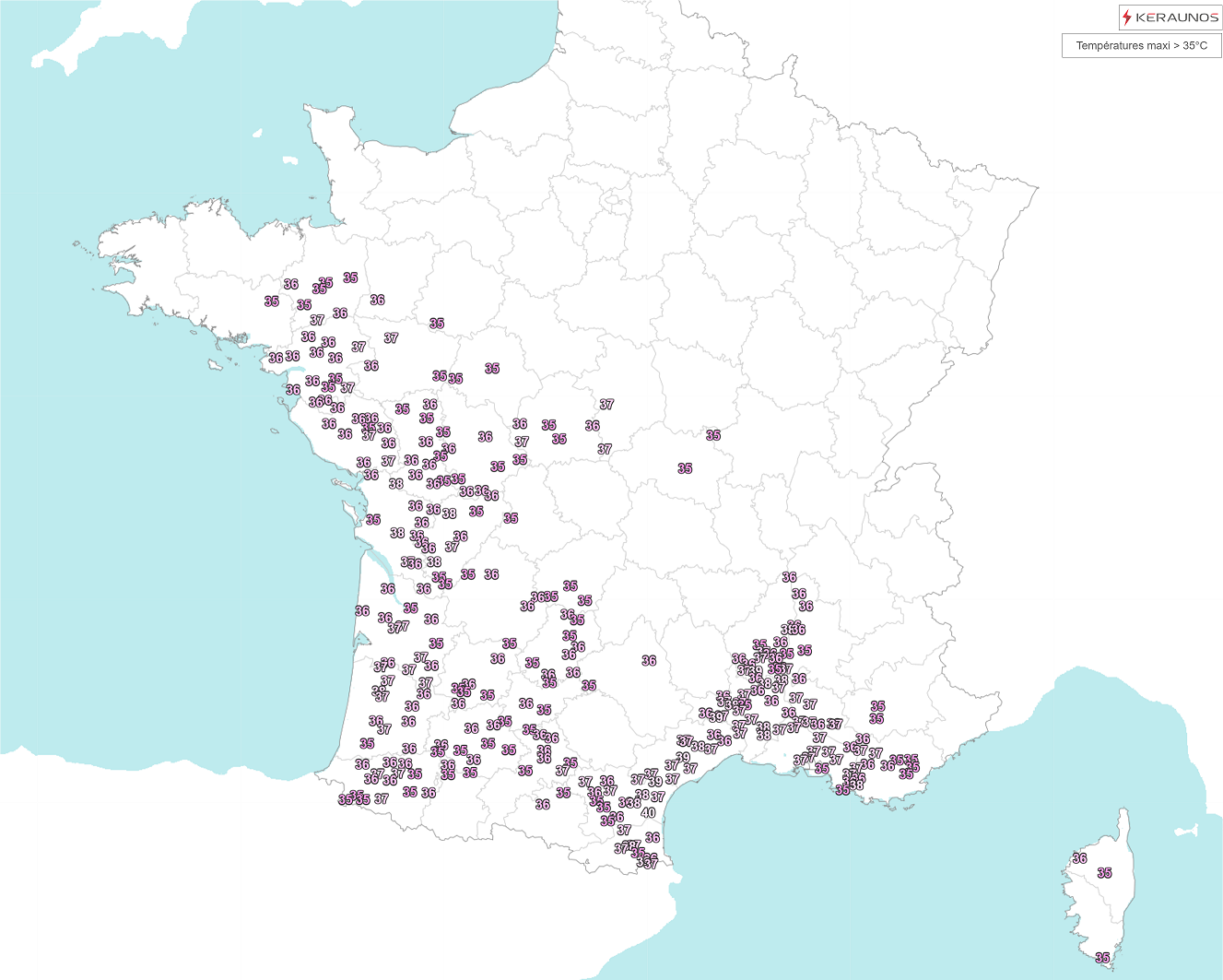 Fr&eacute;quentes valeurs sup&eacute;rieures &agrave; 35&deg;C ce vendredi, avec jusqu'&agrave; 39.7&deg;C dans les Corbi&egrave;res (11) &agrave; Durban. Souvent 37/39&deg;C sur le sud-est du pays et des pointes &agrave; 36/37&deg;C &eacute;galement jusqu'en val de Loire. Records mensuels battus en Bretagne &agrave; Lannion (33.9&deg;C) et &agrave; Ploudalmezeau (29) avec 30.9&deg;C.