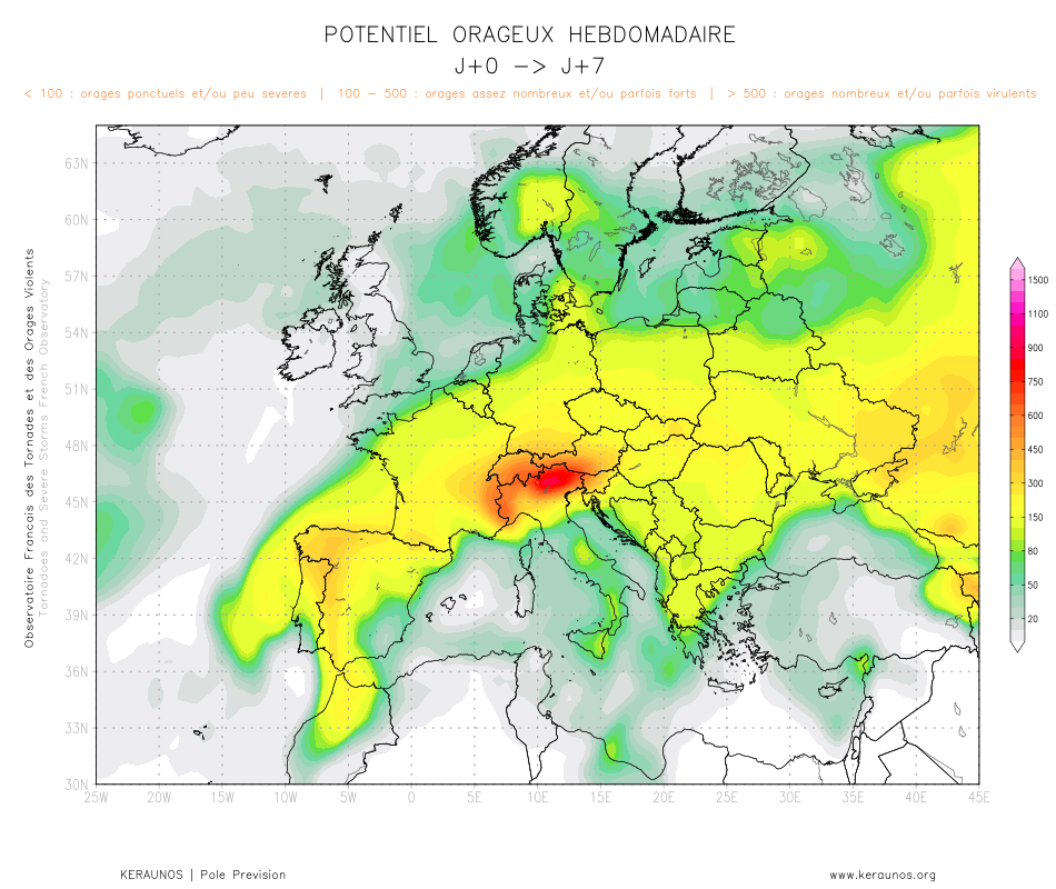 Tendance g&eacute;n&eacute;rale &agrave; 7 jours : des orages sont attendus sur une grande partie du pays cette semaine, notamment entre mercredi et jeudi. Une activit&eacute; orageuse r&eacute;guli&egrave;re devrait concerner plus particuli&egrave;rement les Alpes.