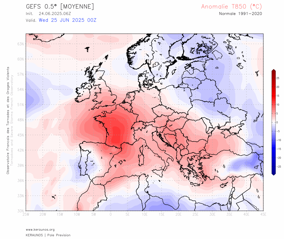 Apr&egrave;s une baisse toute relative des valeurs jeudi, un anticyclone tr&egrave;s puissant (d&ocirc;me de chaleur) va se constituer et les temp&eacute;ratures vont augmenter de jours en jours pour approcher 40&deg;C d&egrave;s le week-end pr&egrave;s de la M&eacute;diterran&eacute;e puis possiblement plus au nord ensuite. La fin de l'&eacute;pisode de fortes chaleurs &agrave; venir est tr&egrave;s incertaine et peu claire.