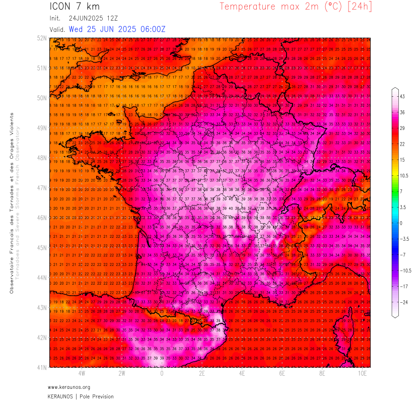 Demain, les 40&deg;C pourront &ecirc;tre atteints localement sur le centre du pays avant les orages. Des records mensuels sont possibles comme &agrave; Lyon, Saint-Etienne, Vichy, Avord, Nevers, etc). A noter dans les PO, des valeurs &agrave; 40/42&deg;C mod&eacute;lis&eacute;es dans une petite zone de convergence.