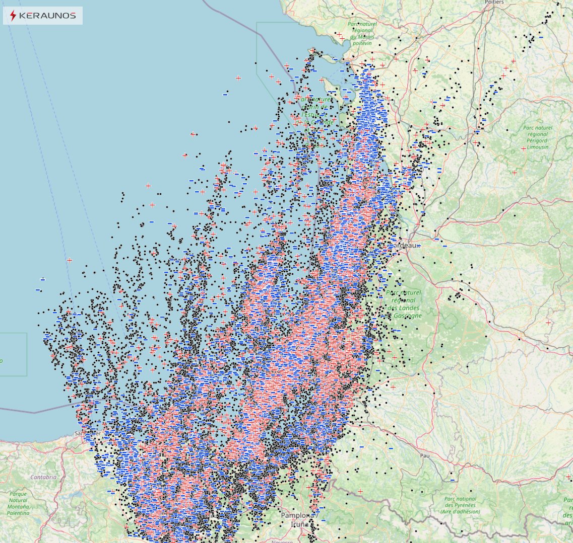 L'activit&eacute; &eacute;lectrique a &eacute;t&eacute; tr&egrave;s dense sur le littoral aquitain. Au total, pr&egrave;s de 3500 impacts de foudre ont &eacute;t&eacute; comptabilis&eacute;s sur le territoire.