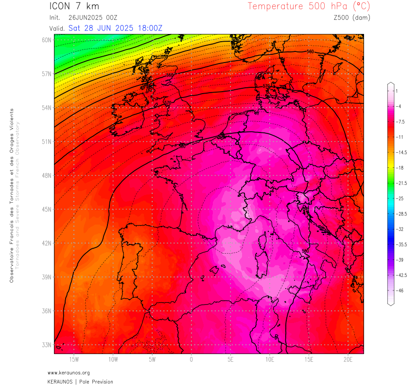 Vague de chaleur &agrave; haute altitude ce week-end. Avec une dorsale extr&ecirc;mement puissante, il faudra aller chercher l'isotherme 0&deg;C au-dessus des 5000 m d'altitude samedi sur la moiti&eacute; est de la France. Le niveau de pression 500 hPa va s'&eacute;lever vers 5900 m et il y fera seulement -4&deg;C au plus chaud.