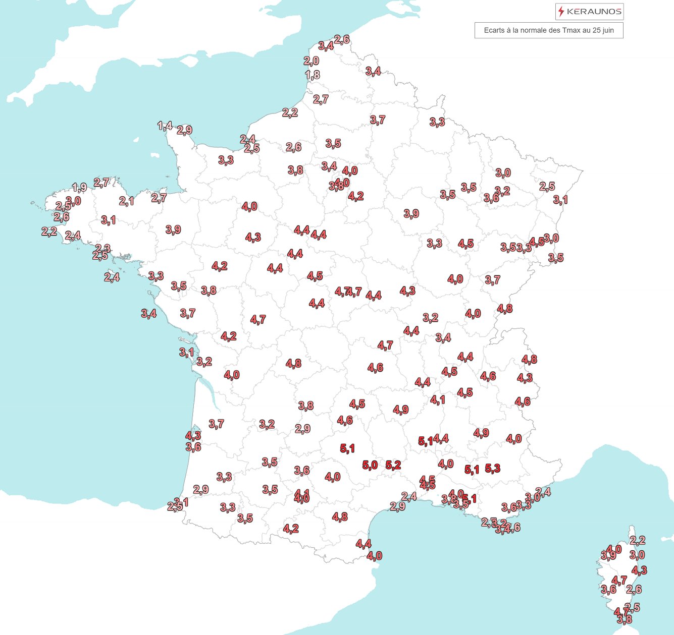A quelques jours de la fin du mois, l'&eacute;cart &agrave; la normale au niveau des Tx (temp&eacute;ratures maximales) est parfois &eacute;norme dans le sud, d&eacute;passant de 5&deg;C la normale sur l'ensemble du mois (des C&eacute;vennes aux Alpilles). Ce mois de juin devrait terminer 2&egrave;me plus chaud au niveau national, derri&egrave;re le colossal juin 2003 (mais 1er parfois dans le sud-est).&nbsp;