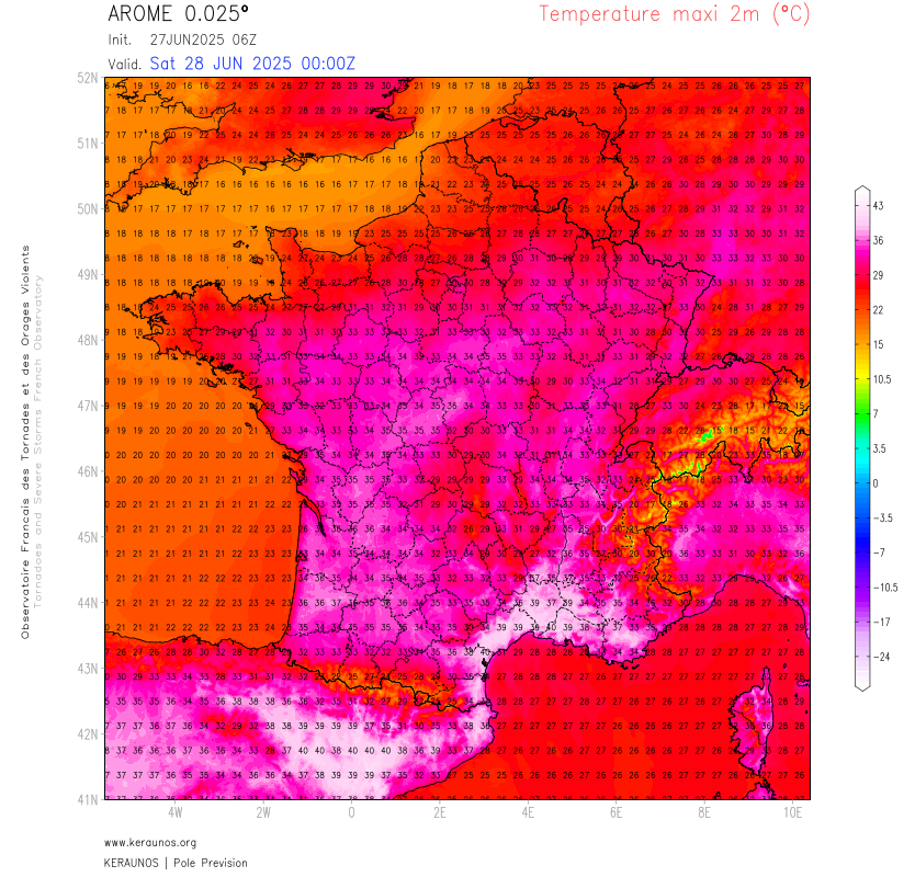 Demain samedi, jour 1 de l'&eacute;pisode caniculaire avec des valeurs qui pourront atteindre 37/39&deg;C pr&egrave;s de la M&eacute;diterran&eacute;e, localement un peu plus. Les valeurs &gt; 35&deg;C gagnent du terrain dans le sud-ouest et le centre du pays.