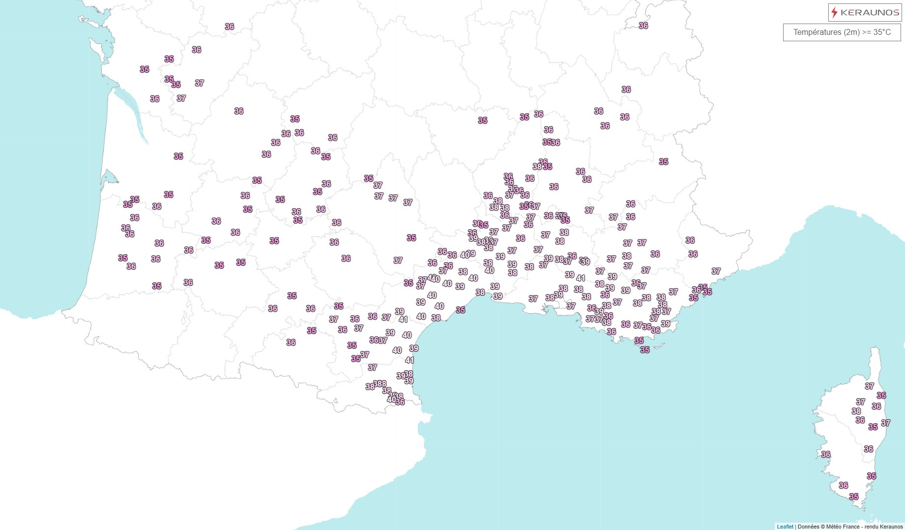 Les tr&egrave;s fortes chaleurs se sont &eacute;tendues ce samedi et gagnent vers le sud-ouest. 40 &agrave; 41&deg;C localement entre l'Aude et les Bouches-du-Rh&ocirc;ne mais fr&eacute;quemment 38 &agrave; 40&deg;C des PO au Var.&nbsp;Il a fait 41.3&deg;C &agrave; Argeliers (11), 40.7 &deg;C &agrave; Cadenet (84) et Fitou (11) ou 40.4&deg;C &agrave; Villevieille (30).