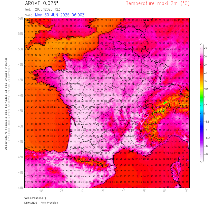 Demain lundi, dernier jour de ce mois de juin qui finira probablement deuxi&egrave;me plus chaud depuis le d&eacute;but des relev&eacute;s, il fera localement jusqu'&agrave; 40&deg;C dans l'ouest (en plus du sud-est).