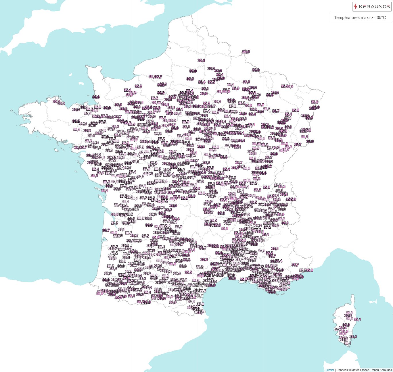 Les tr&egrave;s fortes chaleurs sont extr&ecirc;mement fr&eacute;quentes ce lundi, avec pr&egrave;s de 900 stations qui ont relev&eacute; des maximales sup&eacute;rieures &agrave; 35&deg;C.
Il a fait jusqu'&agrave; 41.9&deg;C &agrave; Vinsobres (26), 41.6&deg;C &agrave; Argeliers (11), 41&deg;C &agrave; Durban-Corbi&egrave;res (11). Les 40&deg;C ont &eacute;t&eacute; localement franchis &agrave; Voiron en Is&egrave;re ou en Charente avec 40.6&deg;C &agrave; Barb&eacute;zieux.