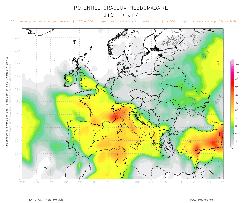 <p>Tendance générale à 7 jours : le risque orageux va se maintenir jusqu'en fin de semaine sur le sud du pays en particulier (même si le nord pourra être concerné jusqu'en milieu de semaine). Il s'agira essentiellement d'orages d'évolution diurne.</p>