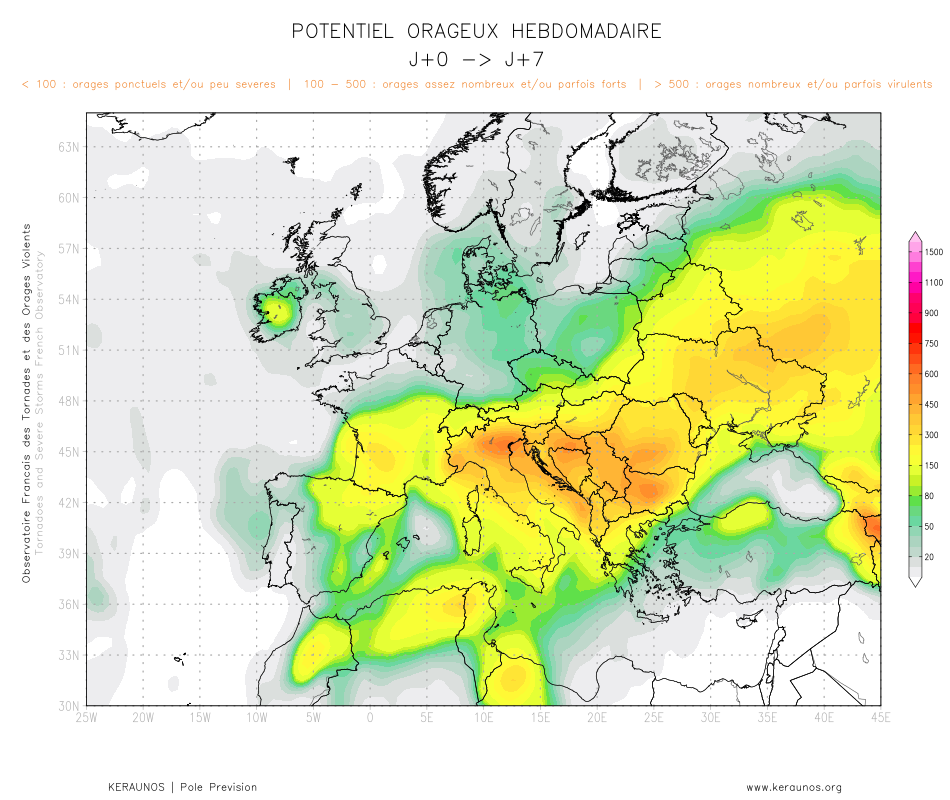 Tendance g&eacute;n&eacute;rale &agrave; 7 jours : une activit&eacute; orageuse parfois marqu&eacute;e concernera la moiti&eacute; sud du pays cette semaine, notamment en d&eacute;but de p&eacute;riode. Le risque orageux restera en revanche sensiblement plus marginal dans le nord.
