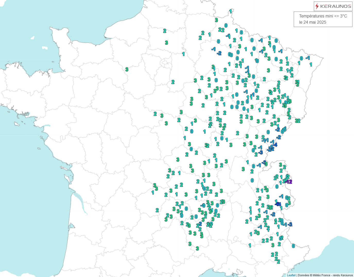 Des gel&eacute;es ont &eacute;t&eacute; observ&eacute;es sur le nord-est du pays avec 0 &agrave; -1&deg;C, localement un peu moins dans la Marne la nuit pass&eacute;e. Les plateaux du Jura, localement du Massif Central et le relief et vall&eacute;es alpines ont &eacute;galement &eacute;t&eacute; concern&eacute;es. Les valeurs inf&eacute;rieures &agrave; 3&deg;C ont &eacute;t&eacute; fr&eacute;quentes sur la moiti&eacute; est de la France avec des valeurs assez peu habituelles &agrave; l'approche du mois de juin (d&eacute;but de l'&eacute;t&eacute; m&eacute;t&eacute;orologique dans une semaine). Les temp&eacute;ratures minimales vont entamer une remont&eacute;e plus nette les jours prochains.