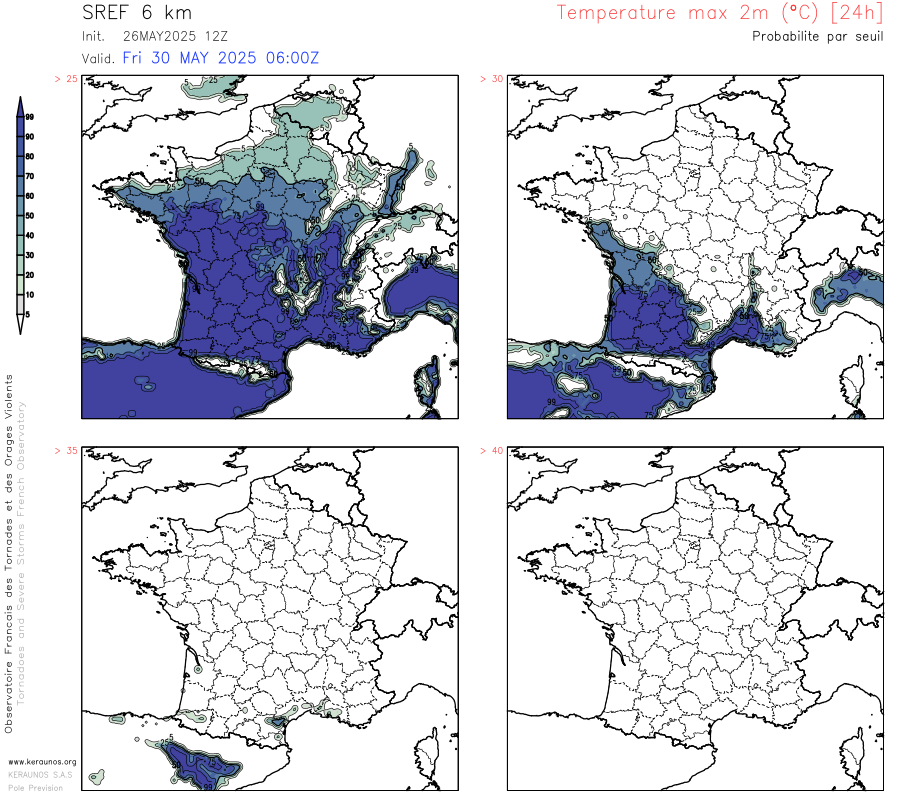 La fin de mois s'annonce estivale avec l'arriv&eacute;e de fortes chaleurs (&gt; 30&deg;C) au sud. Localement de tr&egrave;s fortes chaleurs (&gt; 35&deg;C) ne sont pas exclues en Languedoc ou sud Aquitaine en fin de semaine (entre vendredi et samedi). Nous serons encore en mai : des records mensuels pourront de fait &ecirc;tre approch&eacute;s vendredi et samedi.