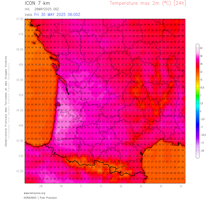 Vendredi, temp&eacute;ratures remarquables mod&eacute;lis&eacute;es dans le sud-ouest, au niveau des records d'un mois de mai en Aquitaine. Il s'agira, si confirm&eacute;, du premier jour de tr&egrave;s fortes chaleurs (&gt; 35&deg;C) de l'ann&eacute;e.