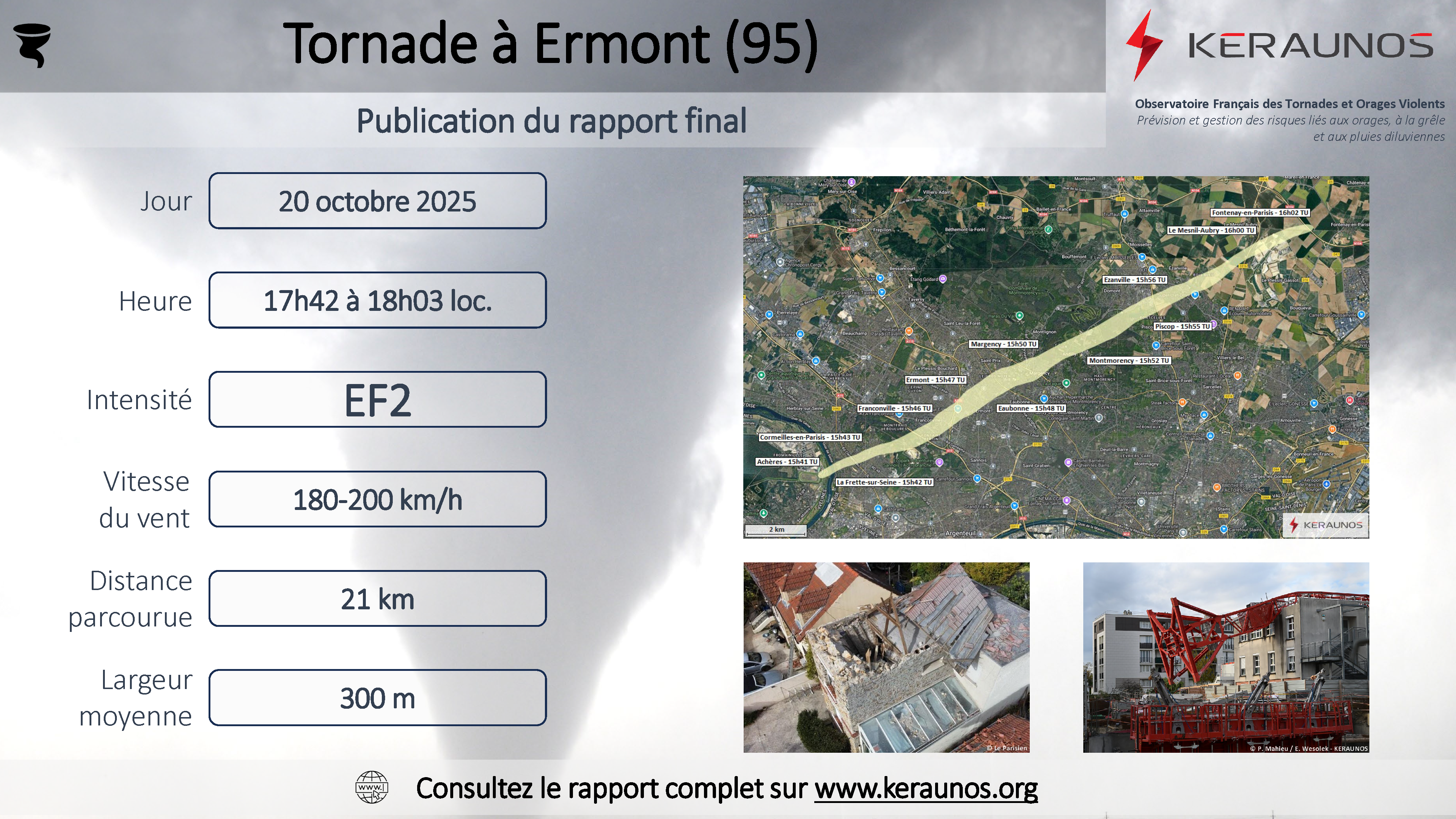 Publication du rapport sur la tornade qui a frapp&eacute; le Val-d'Oise le 20 octobre : intensit&eacute; EF2 et trajectoire totale de 21 km. Cliquer ici pour le consulter. 4 autres tornades ont &eacute;t&eacute; observ&eacute;es le m&ecirc;me jour ; les rapports viennent d'&ecirc;tre publi&eacute;s &eacute;galement.