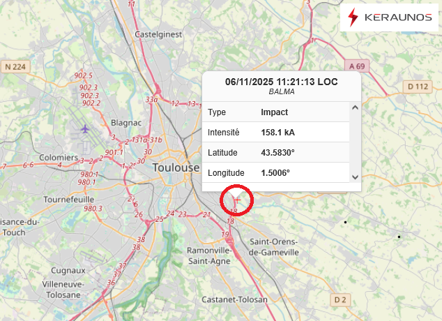 Un impact de foudre explosif a frapp&eacute; le sud-est de Toulouse (Balma) &agrave; 11h21. Avec une intensit&eacute; de 158 kA, il entre dans les 0,3% d'&eacute;clairs les plus puissants de 2025.