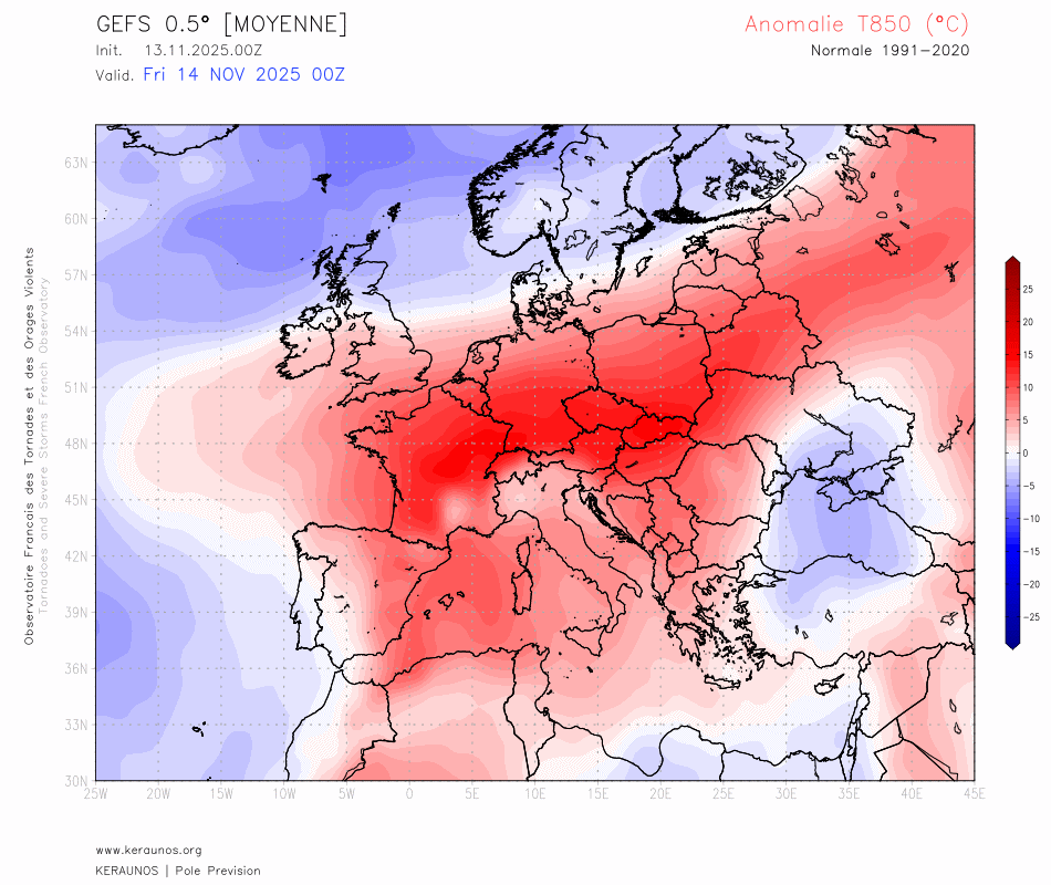 L'anomalie thermique extr&ecirc;mement chaude en place ce jeudi sur la France va s'estomper au fil des jours. Une masse d'air progressivement plus froide que la normale va lui succ&eacute;der d&egrave;s le d&eacute;but de semaine prochaine par le nord. Une descente froide plus nette n'est pas exclue en seconde partie de semaine prochaine.