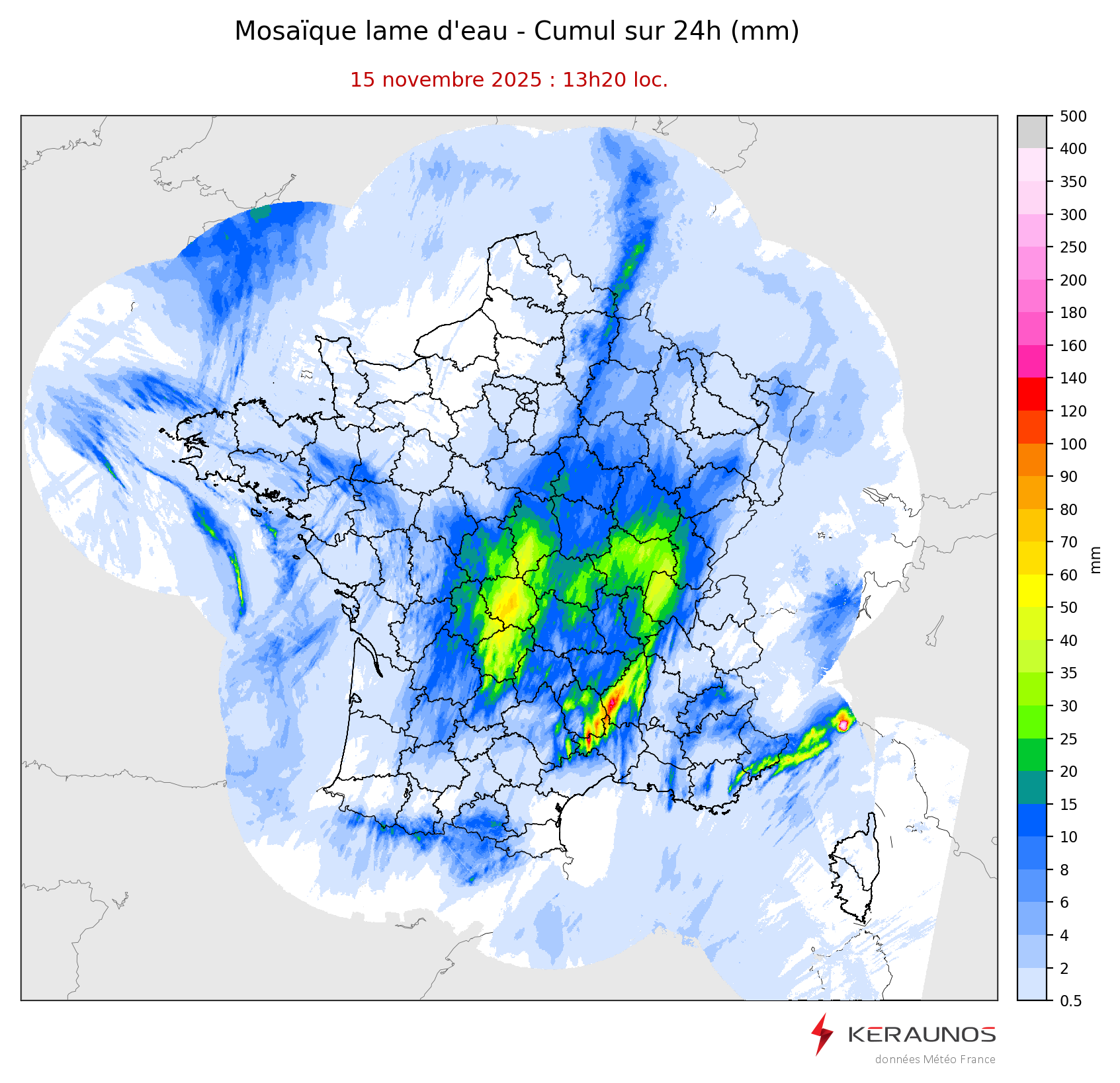 Les cumuls de pluie de ces derni&egrave;res 24h sont localement importants sur les C&eacute;vennes o&ugrave; des pointes &gt; 150 mm sont relev&eacute;es ainsi que sur le Massif Central avec parfois 50 &agrave; 70 mm sur la Creuse selon la lame d'eau radar.
