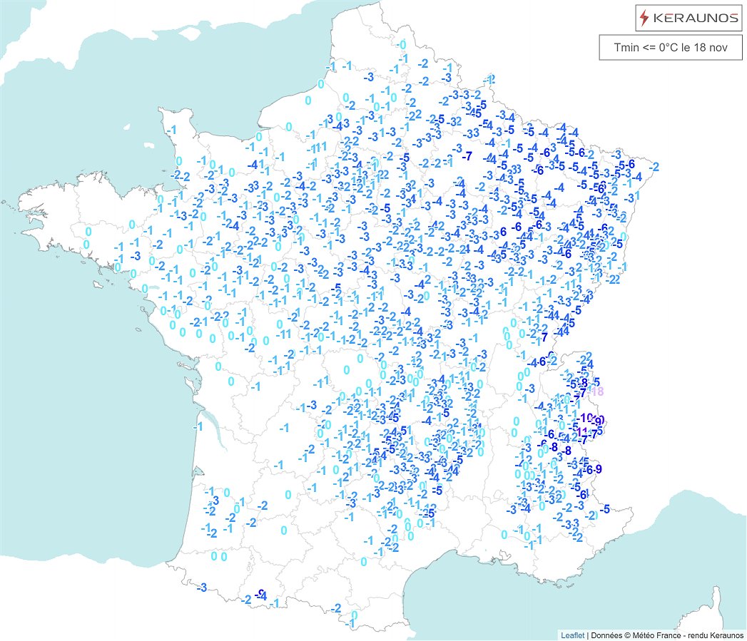 Comme attendu, les gel&eacute;es ont &eacute;t&eacute; fr&eacute;quentes sur la France, hors zones littorales. Elles ont &eacute;t&eacute; un peu plus marqu&eacute;es que pr&eacute;vu sur le nord-est du pays avec parfois des valeurs sous les -5&deg;C.