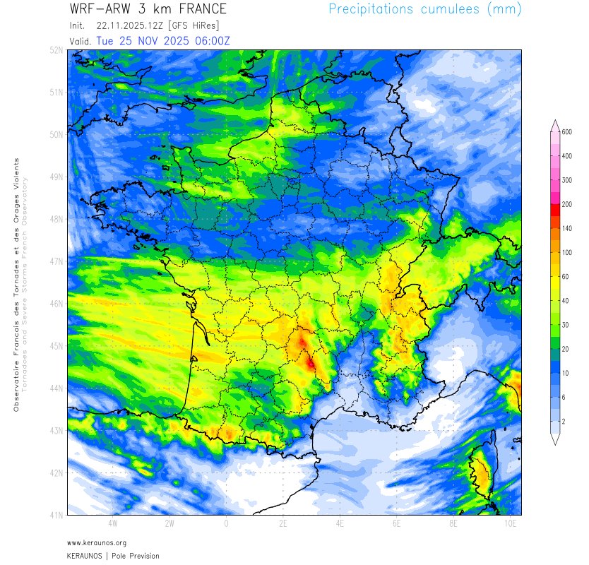 Apr&egrave;s le passage pluvio-neigeux sur la France, la masse d'air va se radoucir. Des pluies abondantes vont se produire sur le sud du pays, avec parfois plus de 50 mm ces prochaines 36h et 120/150 mm sur les versants occidentaux du Massif Central.