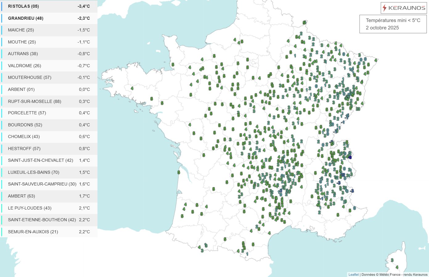 Nuit &agrave; nouveau bien fra&icirc;che sur le centre et l'est du pays dans ce flux anticyclonique orient&eacute; au nord. Des valeurs de 0 &agrave; 5&deg;C ont &eacute;t&eacute; fr&eacute;quemment relev&eacute;es avec des gel&eacute;es par endroits.