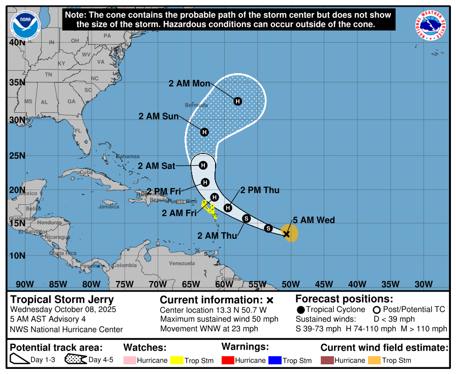 La temp&ecirc;te tropicale Jerry s'est form&eacute;e dans l'Atlantique et devrait fr&ocirc;ler l'arc antillais vendredi au stade d'ouragan. Une pr&eacute;-alerte est en vigueur sur la moiti&eacute; nord des Petites Antilles.