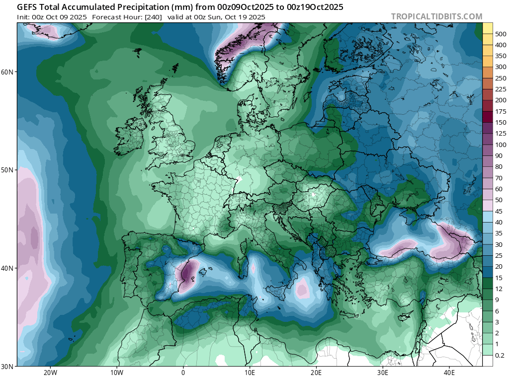 Les conditions anticycloniques devraient perdurer ces 8 &agrave; 10 prochains jours, malgr&eacute; quelques faiblesses possibles. Il n'est en tous les cas pas pr&eacute;vu de temps perturb&eacute; avant le 20 octobre au moins, avec donc deux d&eacute;cades extr&ecirc;mement s&egrave;ches. La moyenne du mod&egrave;le d'ensemble US montre des cumuls de pluie tr&egrave;s faibles sur la France d'ici au 18 octobre.