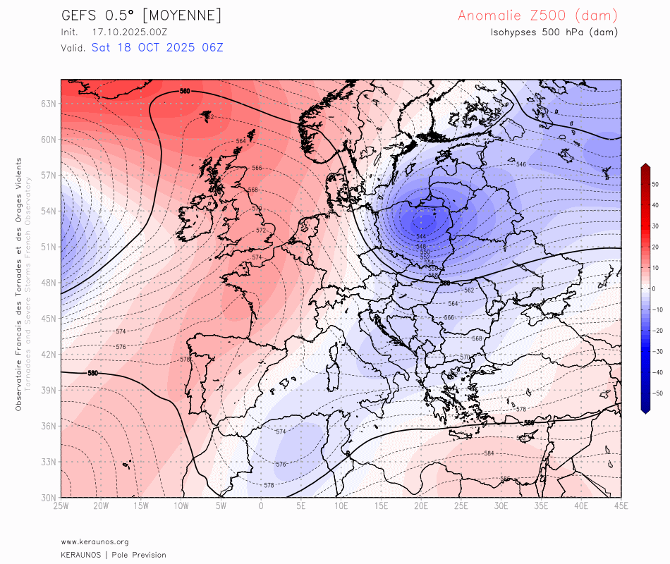 La dorsale anticyclonique va c&eacute;der durant le week-end pour laisser place au retour du flux oc&eacute;anique perturb&eacute;. Des passages pluvieux sont attendus jusqu'en fin de mois probablement au moins, &agrave; partir de dimanche, avec risque convectif de masse d'air froid et rafra&icirc;chissement.