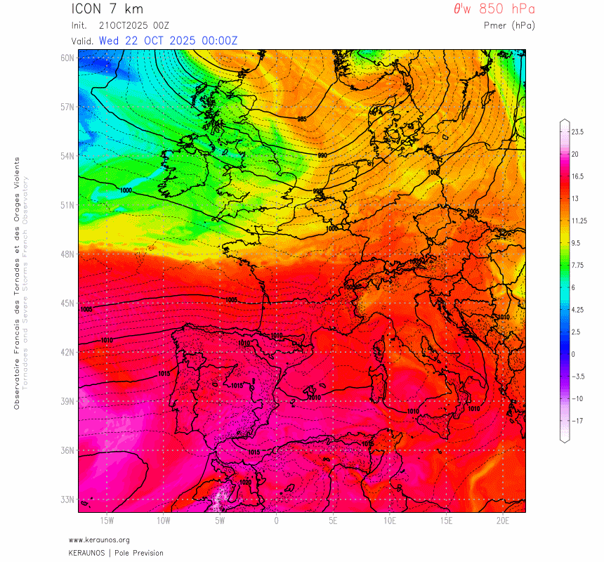 Entre mercredi soir et jeudi soir, une d&eacute;pression va se creuser au large de la Bretagne pour gagner le Benelux puis le nord de l'Allemagne avec isolement probable d'un c&oelig;ur chaud. De fortes rafales de vent sont attendues au passage et &agrave; l'arri&egrave;re du puissant front froid bien mat&eacute;rialis&eacute; par cette carte (le changement de masse d'air est marqu&eacute;).