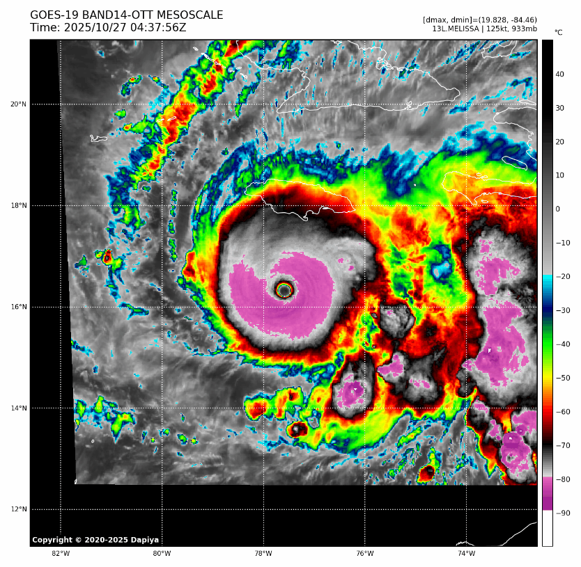 L'ouragan Melissa, de catégorie 4, présente une allure impressionnante sur l'imagerie satellite ce matin avec un anneau convectif symétrique, dont les sommets sont extrêmement froids (< -80°C). L'intensité confirmée par avion paraît en-deçà de ce que suggèrent algorithmes et images satellite.