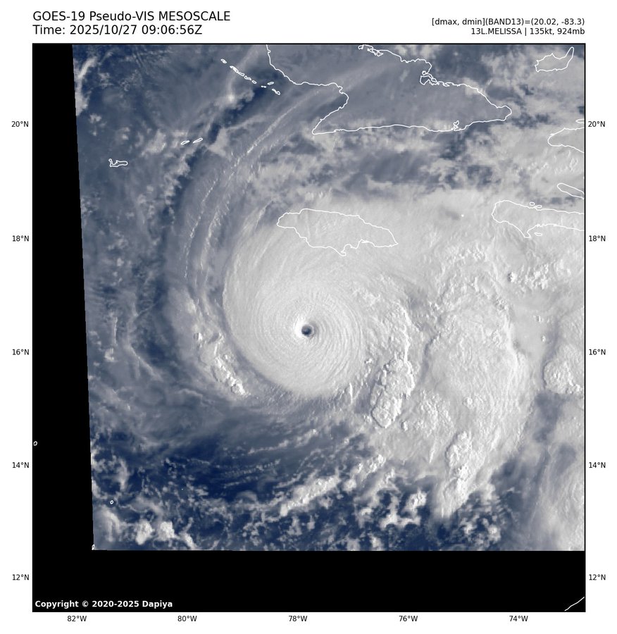 Melissa est à présent un ouragan de catégorie 5 avec des vents moyens sur 1 min atteignant 140 nœuds, une pression minimale de 917 hPa. La Jamaïque devrait connaître des conditions catastrophiques ces prochaines heures à son passage.