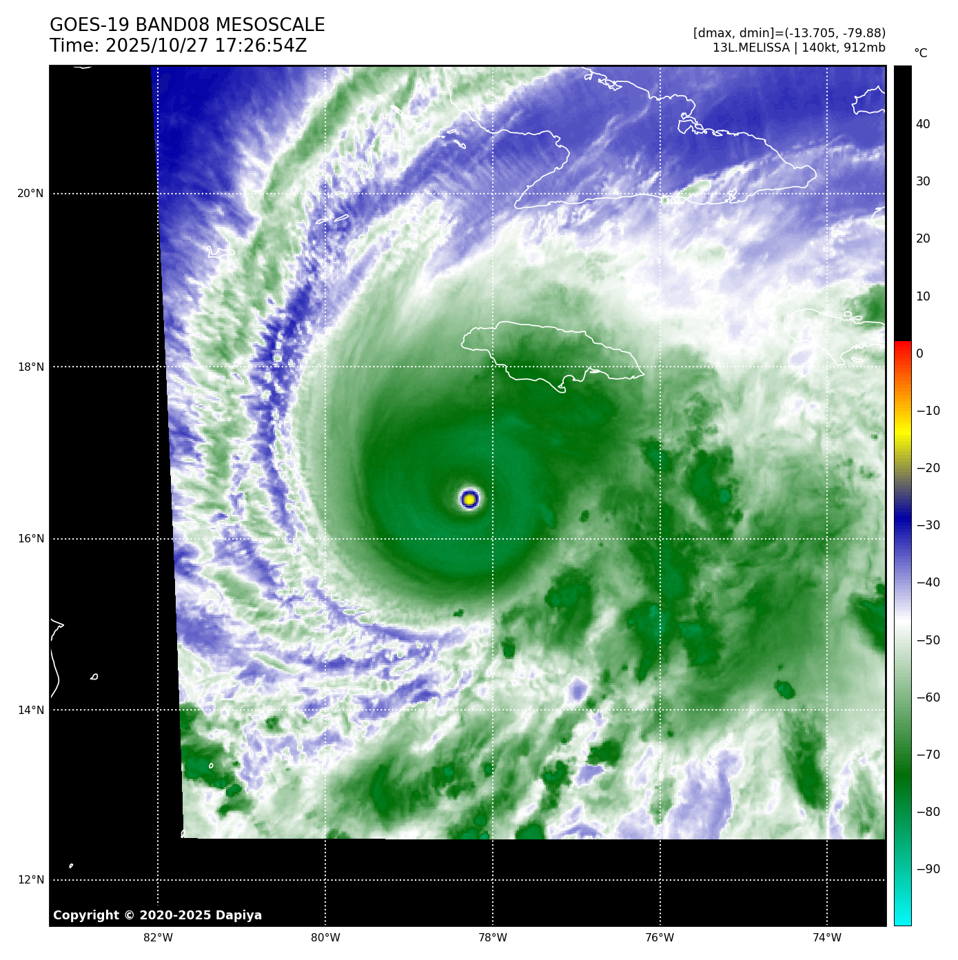Gradient impressionnant entre l'œil de Melissa analysé à -5°C et les sommets convectifs du mur de l'œil sous -85°C ! 
Un avion de reconnaissance a interrompu la mission après avoir subi des turbulences sévères dans le quadrant sud-ouest du mur de l'œil.
L'ouragan de catégorie 5 devrait entamer un virage au nord dans les prochaines heures.