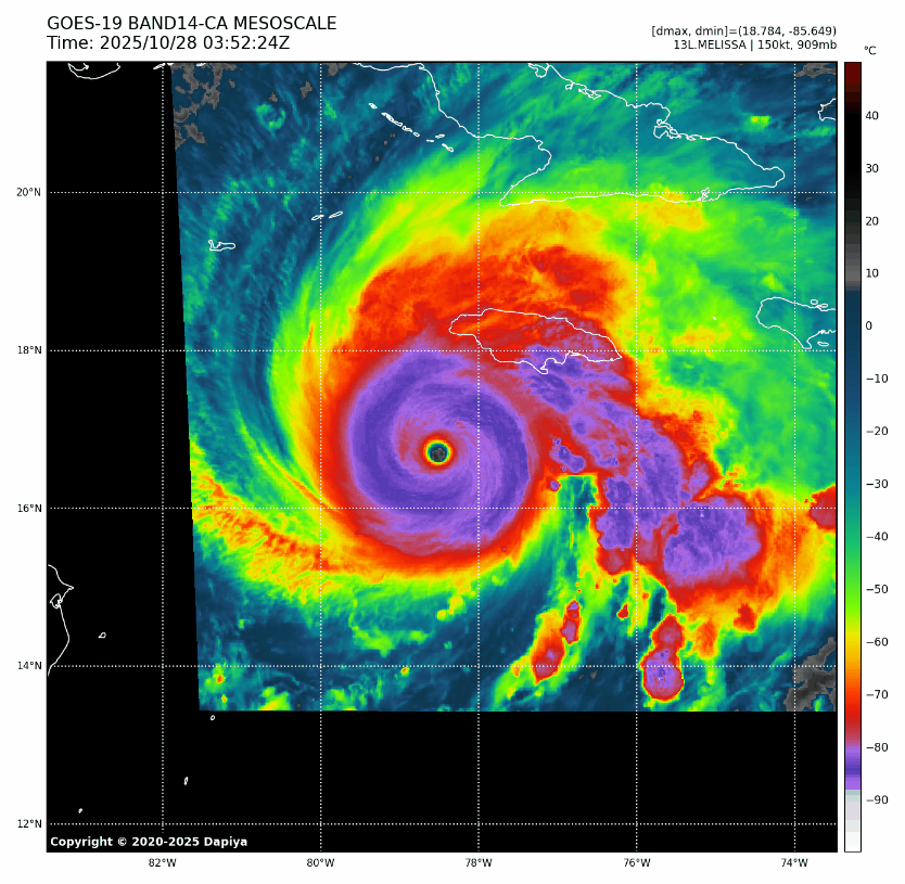 Melissa atteint un pic d'intensité avec une pression mini à 901 hPa. L'aire couverte par des sommets convectifs inférieurs à -80°C est exceptionnelle pour un ouragan Atlantique. La présentation satellite de l'ouragan rencontre peu de précédents dans ce bassin depuis le début de l'ère satellite avec des algorithmes d'estimation d'intensité au niveau des records.