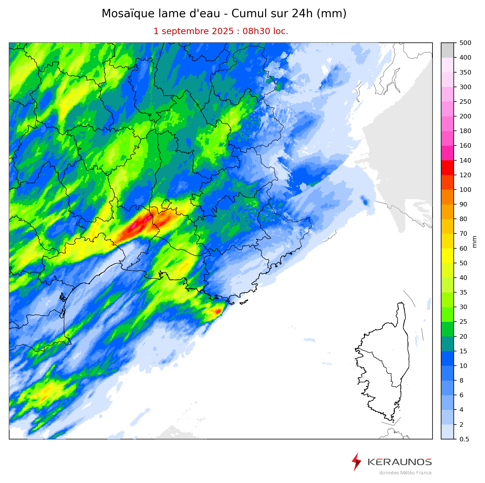 Les orages ont &eacute;t&eacute; violents dans la nuit entre Gard et Vaucluse avec des lames d'eau atteignant parfois plus de 100 mm en 1h seulement et une rafale &agrave; 134 km/h relev&eacute;e sur la base a&eacute;rienne d'Orange. La lame d'eau radar montre l'axe concern&eacute; par les plus fortes pluies.