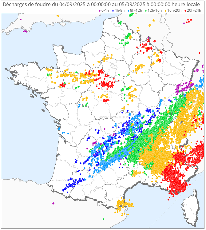 Avec 19.700 impacts de foudre, ce jeudi 4 septembre est la journ&eacute;e la plus foudroy&eacute;e en France depuis le d&eacute;but de l'ann&eacute;e. Pic atteint &agrave; 17h09, avec 89 impacts en 1 min ! La Dr&ocirc;me en t&ecirc;te des d&eacute;partements les plus foudroy&eacute;s.