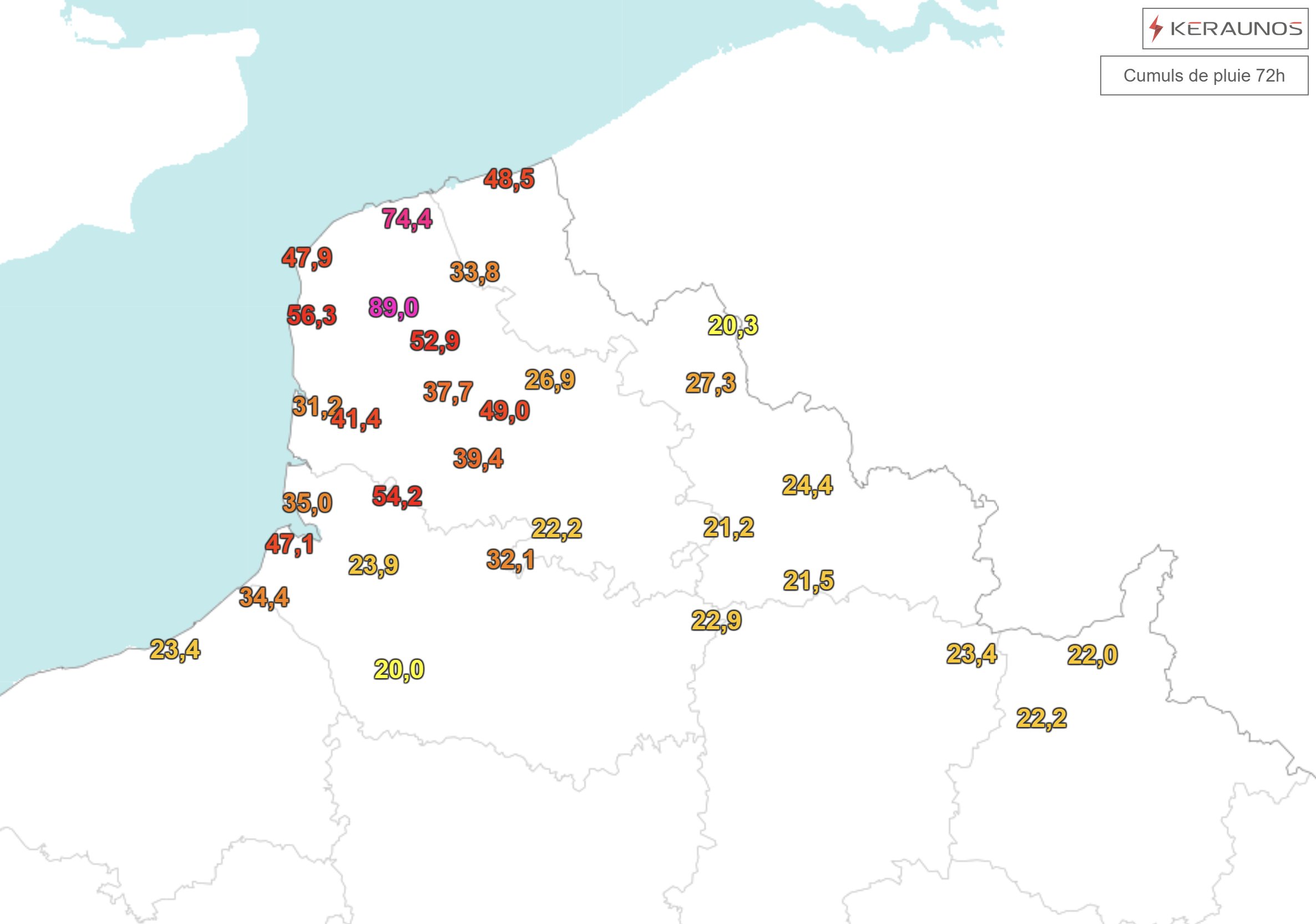 Le flux oc&eacute;anique avec tra&icirc;ne persistante a g&eacute;n&eacute;r&eacute; de forts cumuls de pluie ces trois derniers jours sur le Nord-Pas de Calais. Typiquement, l'ouest du Pas-de-Calais a &eacute;t&eacute; davantage concern&eacute; avec jusqu'&agrave; pr&egrave;s de 90 mm relev&eacute;s &agrave; Bainghen. Des pointes localement &gt; 100 mm sont estim&eacute;es &agrave; la lame radar.
