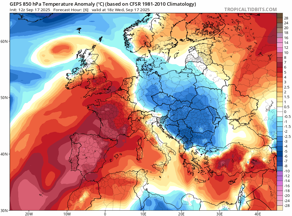 D'une masse d'air remarquablement chaude, voire proche des records sur le nord demain vendredi (12&deg;C au dessus de la normale &agrave; 850 hPa), nous passerons &agrave; un temps bien frais pour la saison avec un d&eacute;crochage polaire sur le proche Atlantique la semaine prochaine et une masse d'air 8&deg;C inf&eacute;rieure &agrave; la normale mod&eacute;lis&eacute;e par les ensemblistes.