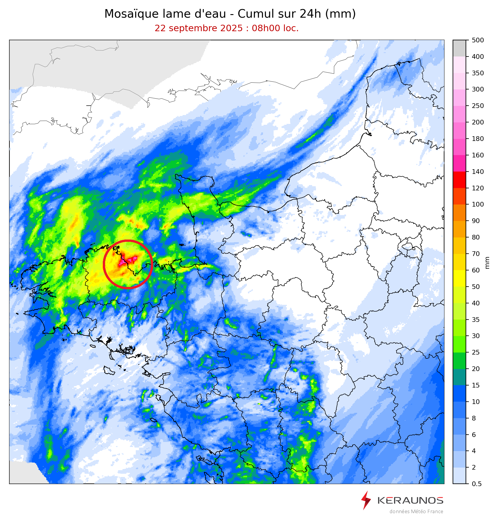 95,7 mm en 24h mesur&eacute;s &agrave; Saint-Brieuc (22) ce 21 septembre : nouveau record absolu de pluie en 24h pour cette station ouverte en 1985 ! Ancien record pulv&eacute;ris&eacute; (55,5 mm le 3 oct. 2020). Localement + de 100 mm au NO de Saint-Brieuc.