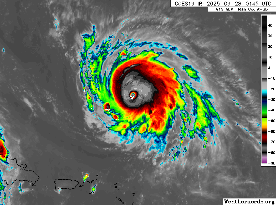 Dans l'Atlantique, l'ouragan Humberto s'est intensifi&eacute; en cat&eacute;gorie 5 ces derni&egrave;res heures avec une pression proche de 924 hPa. Il &eacute;volue au nord de l'arc antillais et ne menace pas de terre d'ici son approche des Bermudes. Pour la 4&egrave;me ann&eacute;e cons&eacute;cutive, l'Atlantique tropical accueille un ouragan cat&eacute;gorie 5.