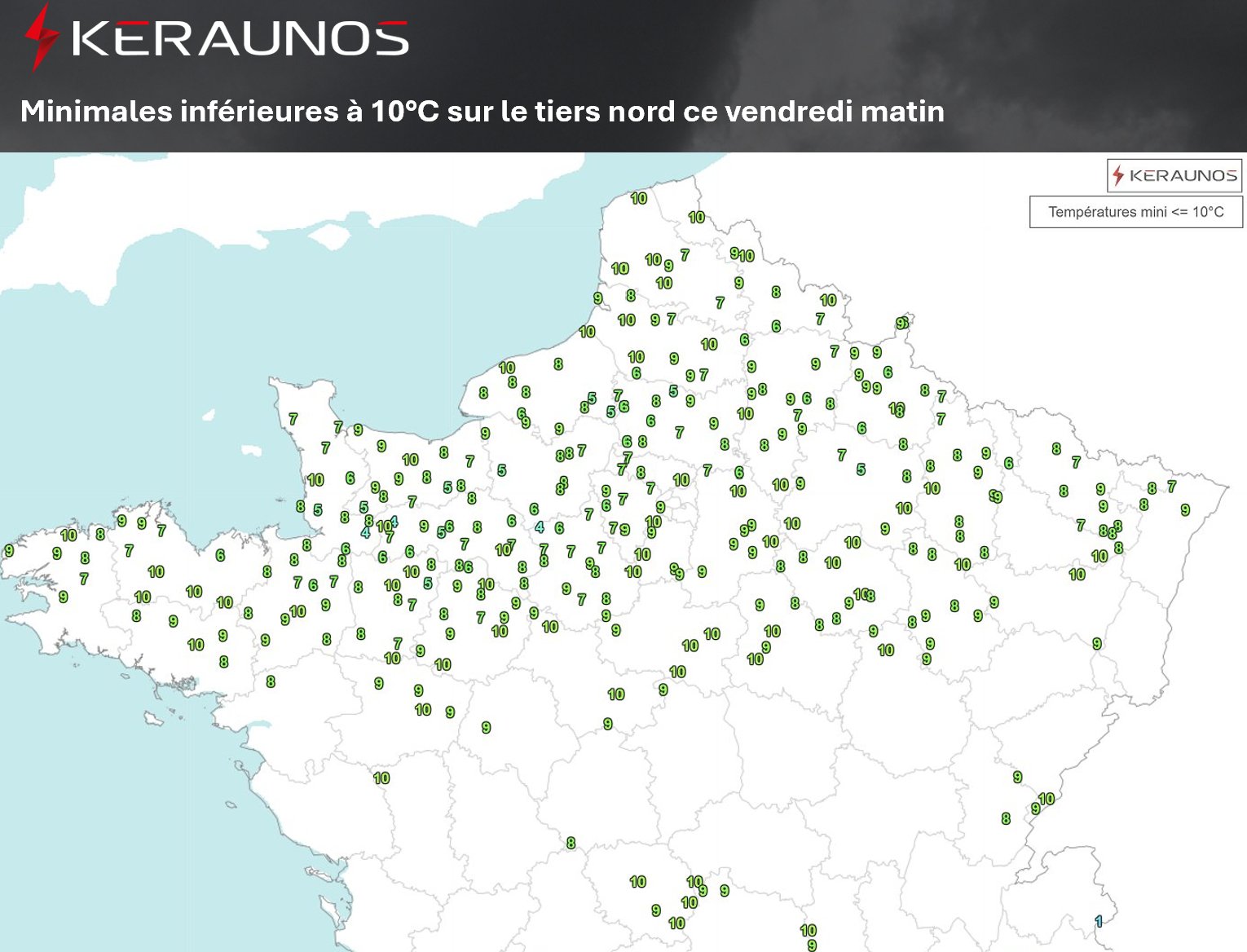 Minimales bien fra&icirc;ches ce matin sur le tiers nord du pays avec des valeurs inf&eacute;rieures &agrave; 10&deg;C hors agglo et parfois m&ecirc;me &agrave; 5&deg;C localement : 4,5&deg;C &agrave; Rouvroy-les-Merles (60), 4,1&deg;C &agrave; Flers (61) 4,0&deg;C &agrave; Rueil (28)