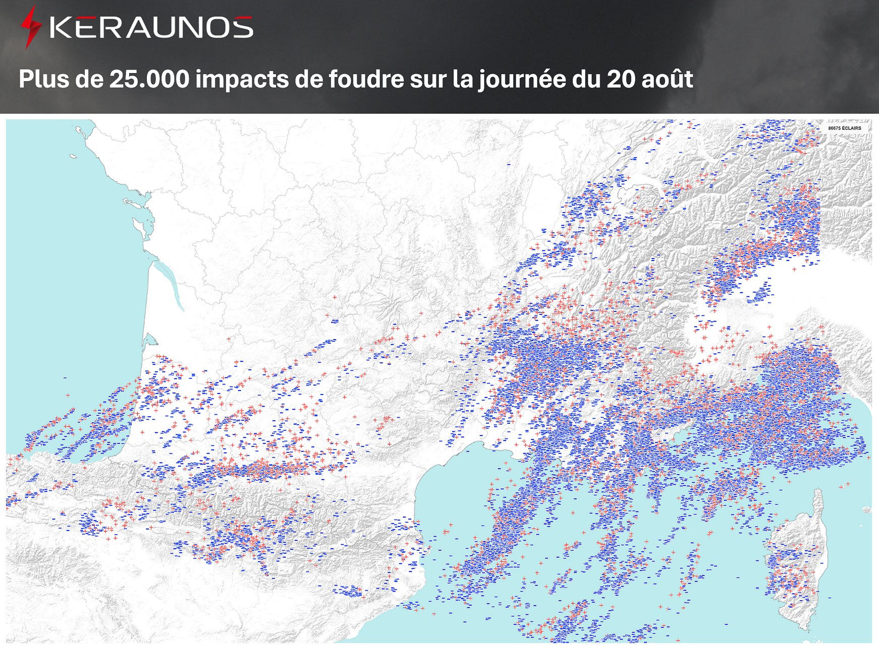 Plus de 25 000 impacts de foudre ont &eacute;t&eacute; relev&eacute;s en France sur la journ&eacute;e climatologique du 20 ao&ucirc;t. Le plus puissant a frapp&eacute; la nuit derni&egrave;re La Motte-en-Champsaur (05) avec pr&egrave;s de 230 kA. L'activit&eacute; a &eacute;t&eacute; tr&egrave;s dense entre PACA et le Golfe de G&ecirc;nes.