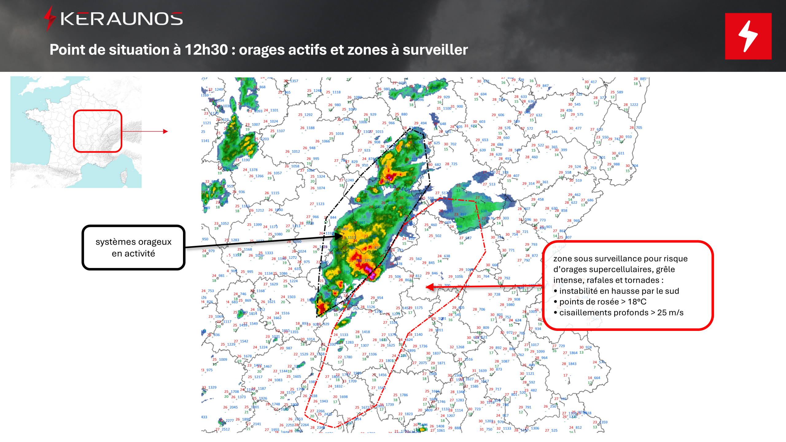 En ce milieu de journ&eacute;e, l'instabilit&eacute; s'accentue avec des vents &eacute;galement de plus en plus sensibles &agrave; l'avant d'un axe pr&eacute;frontal. La zone en rouge est expos&eacute;e &agrave; l'&eacute;closion d'orages violents localis&eacute;s d'ici le milieu d'apr&egrave;s-midi.