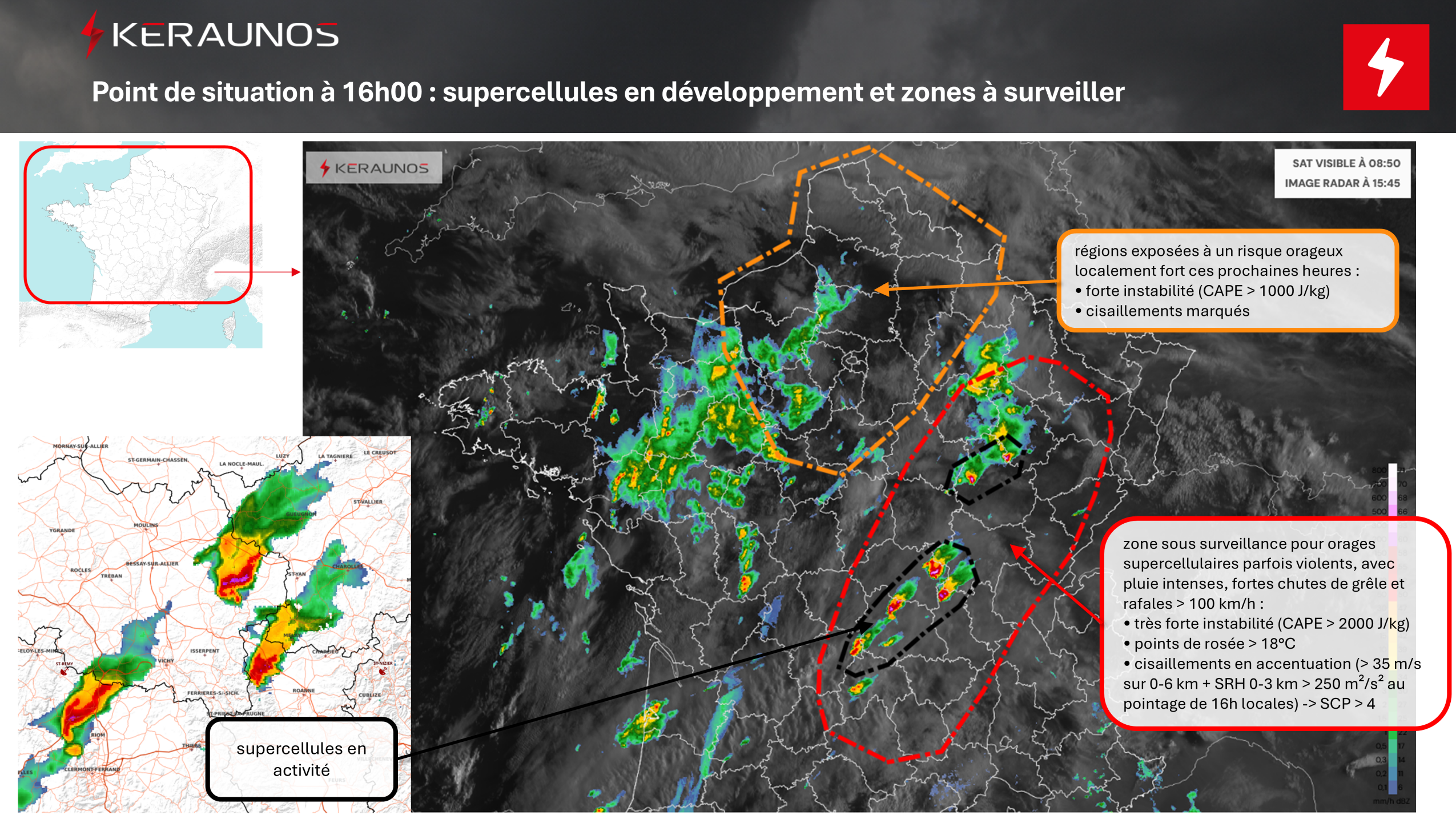 Des supercellules viennent de se former entre Puy-de-D&ocirc;me et Allier. Extension &agrave; venir du risque d'orages violents vers le NNE ces prochaines heures, avec gr&ecirc;le et rafales loc > 100 km/h. Orages parfois forts attendus dans le nord &eacute;galement.
