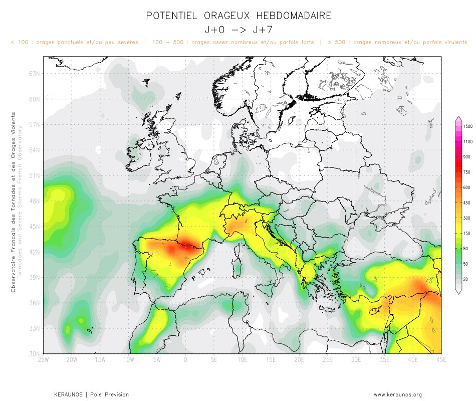 Au cours des prochains jours, l'instabilit&eacute; deviendra plus significative pr&egrave;s des Pyr&eacute;n&eacute;es o&ugrave; l'air tr&egrave;s doux voire chaud va persister. Un risque orageux mod&eacute;r&eacute; quotidien est pr&eacute;vu sur le secteur au sud de la Garonne &agrave; partir de dimanche, jusqu'en milieu de semaine.