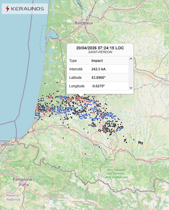 Un syst&egrave;me orageux tr&egrave;s &eacute;lectrique circule ce matin au nord des Pyr&eacute;n&eacute;es. 1600 &eacute;clairs ont &eacute;t&eacute; d&eacute;tect&eacute;s en 3h, dont un tr&egrave;s puissant impact (242 kA) &agrave; l'ouest de Mont-de-Marsan.