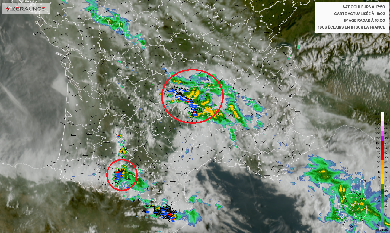 2 foyers orageux actifs concernent le Cantal et le sud de la Haute-Garonne en cette fin d'apr&egrave;s-midi. Ils produisent de fortes pluies (localement > 40 mm en peu de temps) et une activit&eacute; &eacute;lectrique soutenue (plus de 1500 &eacute;clairs en 1h, dont 267 impacts au sol).