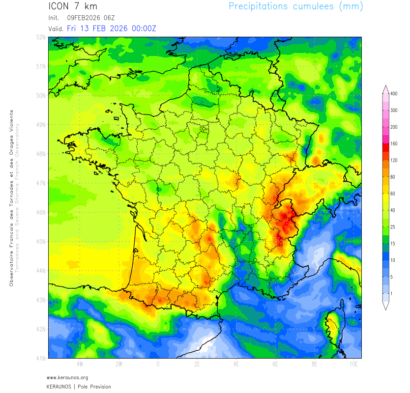 L'arrosage attendu d'ici jeudi inclus s'annonce copieux, notamment sur les versants ouest des reliefs et dans le sud-ouest o&ugrave; des crues pouvant g&eacute;n&eacute;rer des inondations sont &agrave; craindre. Le flux d'ouest, toujours assez bas en latitude va se maintenir avec un arrosage significatif quasi g&eacute;n&eacute;ralis&eacute; ces prochaines 96h.